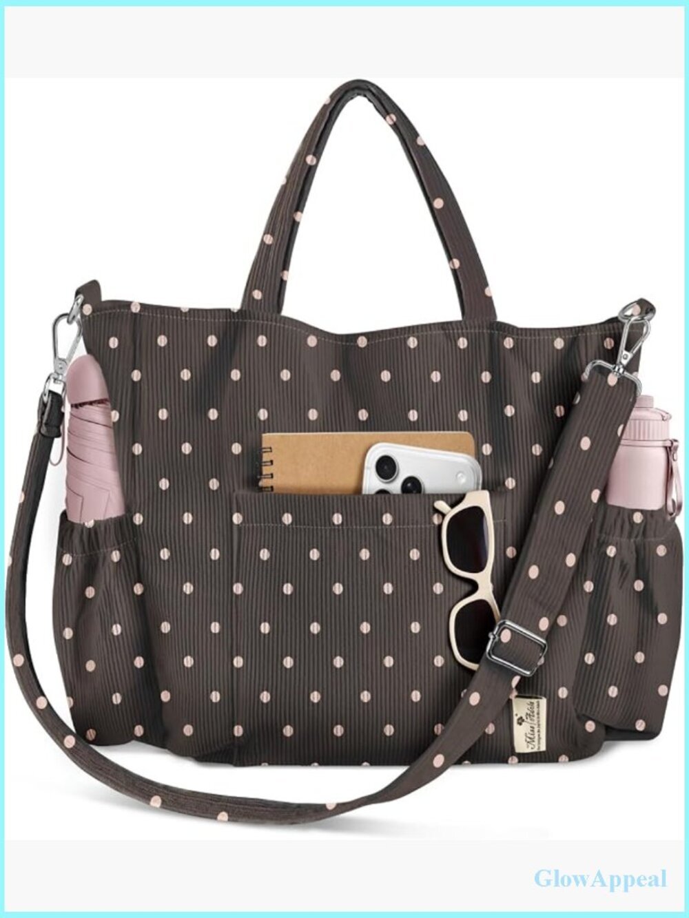 Corduroy Crossbody Tote Bag with Adjustable Strap, 6 Pockets, Laptop Compatible